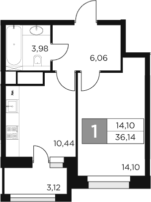 Планировка — Восток 2, 1-комн., 35 м²