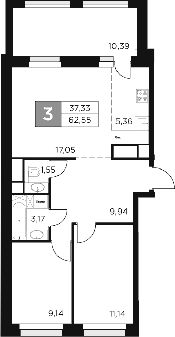 Планировка — Восток 2, 3-комн., 57 м²
