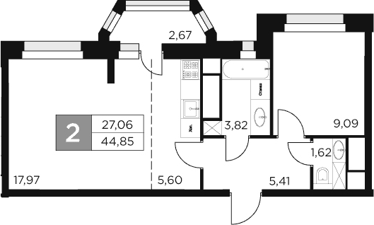 Планировка — Восток 2, 2-комн., 44 м²