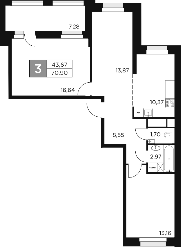 Планировка — Восток 2, 3-комн., 67 м²