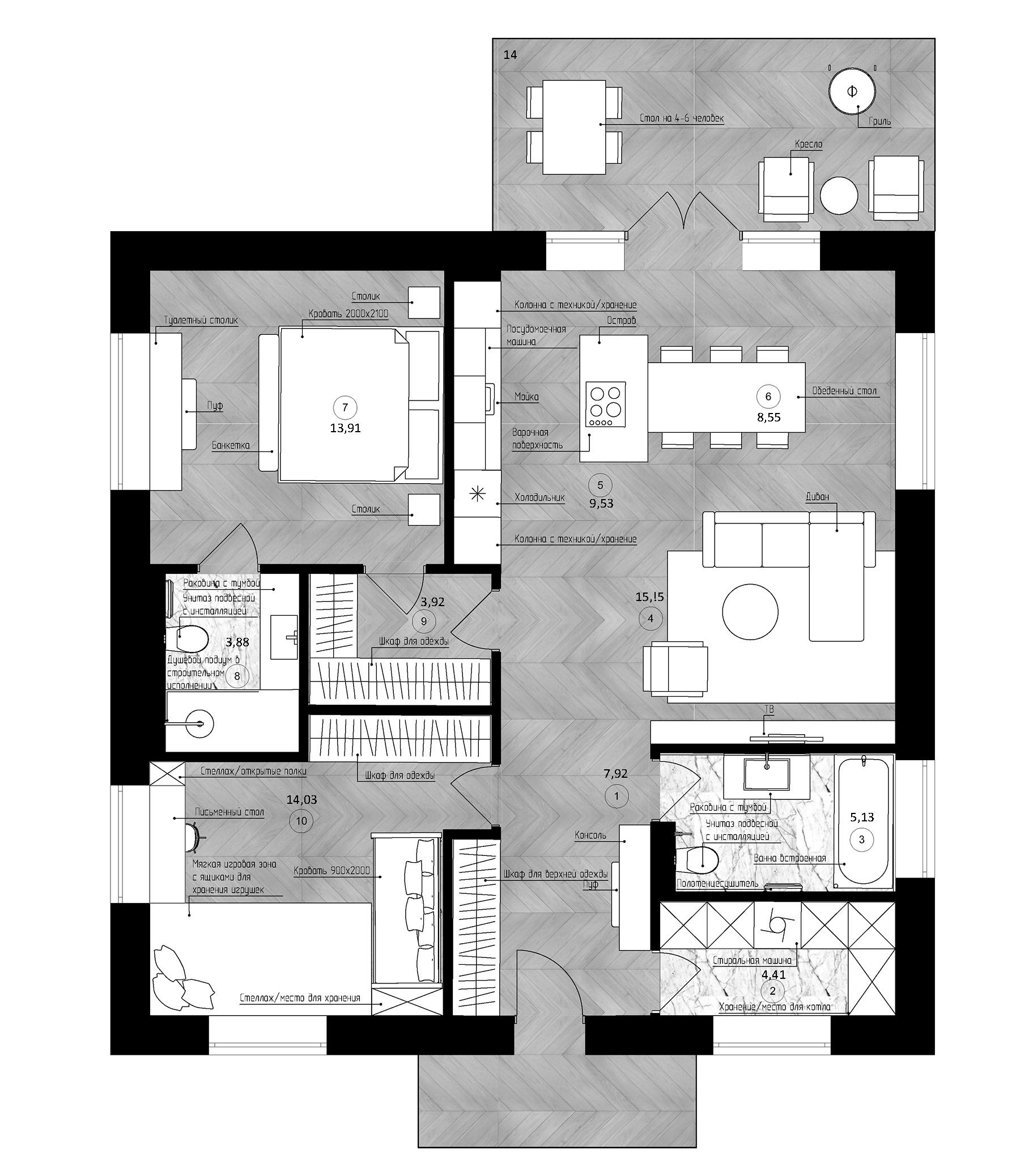 Планировка — Коттеджный поселок Шишкино Лэнд, 2-комн., 90 м²