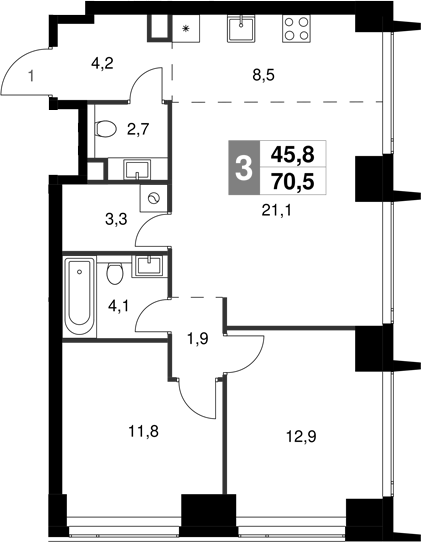 Планировка — Amber City, 3-комн., 71 м²
