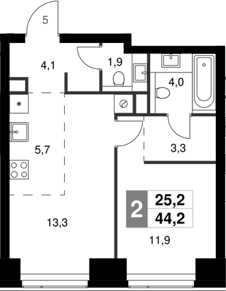 Планировка — Amber City, 2-комн., 44 м²