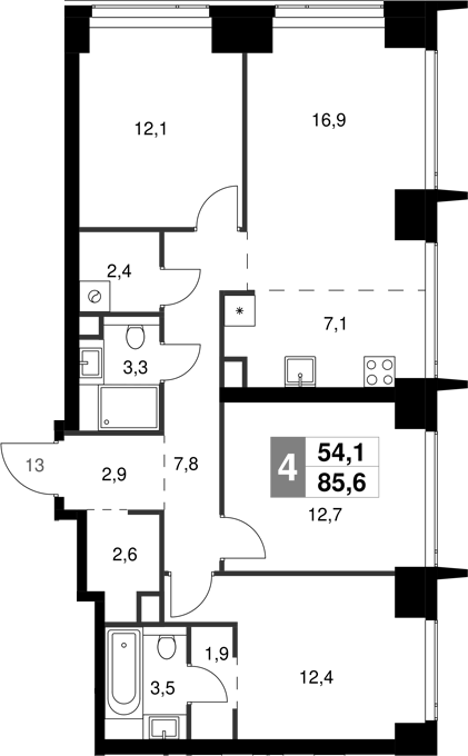 Планировка — Amber City, 4-комн., 86 м²