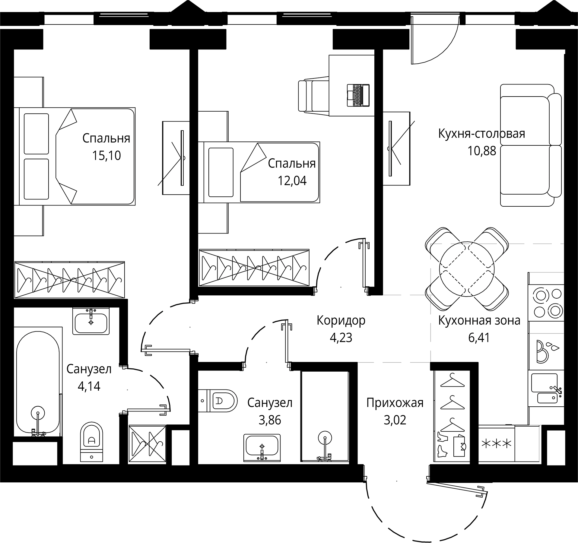 Планировка — Джойс, 3-комн., 60 м²