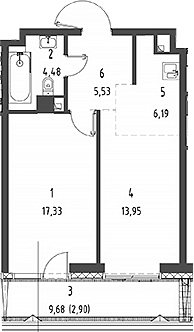 Планировка — Джойс, 2-комн., 48 м²