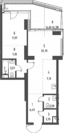 Планировка — Джойс, 2-комн., 66 м²
