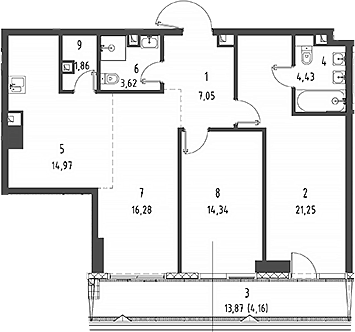 Планировка — Джойс, 3-комн., 85 м²