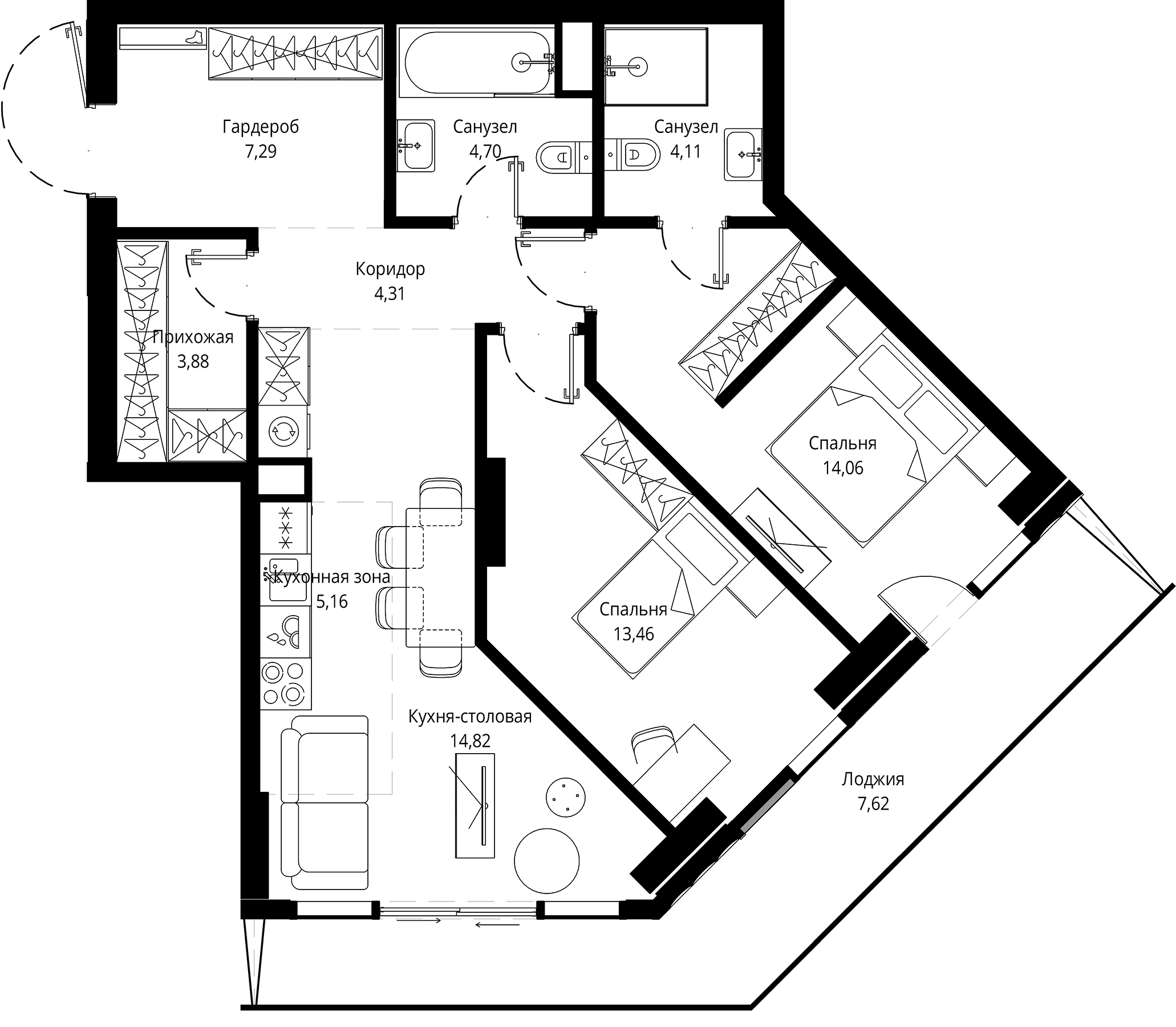 Планировка — Джойс, 3-комн., 72 м²