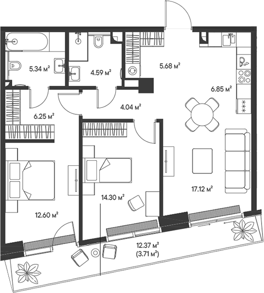 Планировка — Джойс, 3-комн., 77 м²