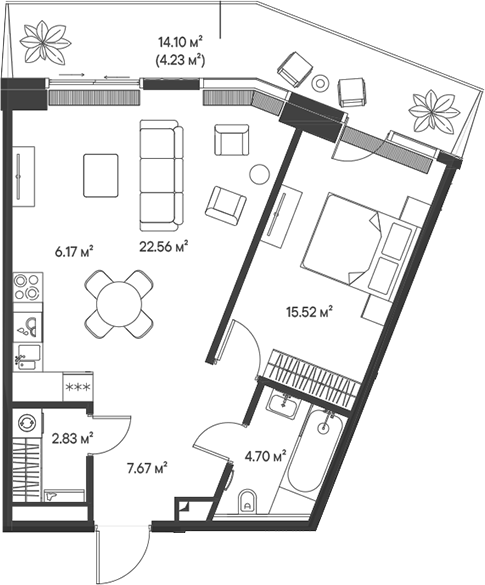 Планировка — Джойс, 2-комн., 59 м²