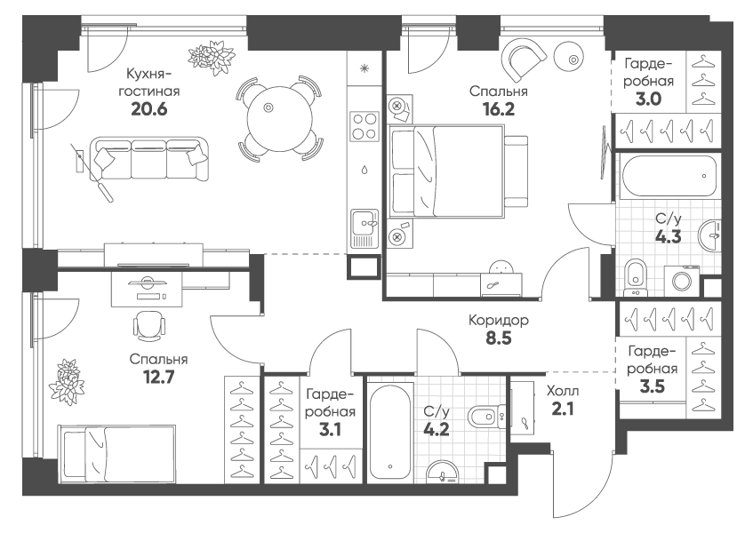 Планировка — Shagal, 3-комн., 78 м²