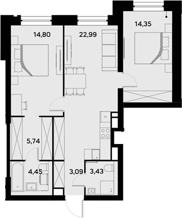 Планировка — UltimaCity, 3-комн., 69 м²