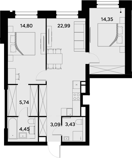 Планировка — UltimaCity, 3-комн., 69 м²