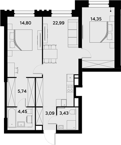Планировка — UltimaCity, 3-комн., 69 м²