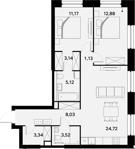 Планировка — UltimaCity, 3-комн., 73 м²