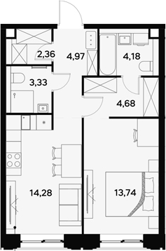Планировка — UltimaCity, 1-комн., 48 м²