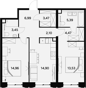 Планировка — UltimaCity, 2-комн., 69 м²