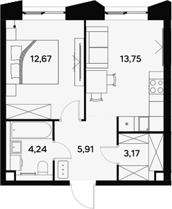 Планировка — UltimaCity, 1-комн., 40 м²