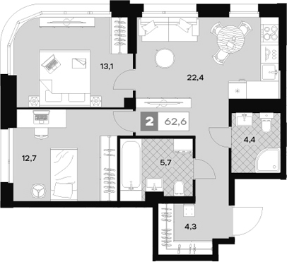 Планировка — ЮТУ, 2-комн., 63 м²