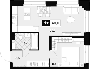 Планировка — ЮТУ, 2-комн., 48 м²