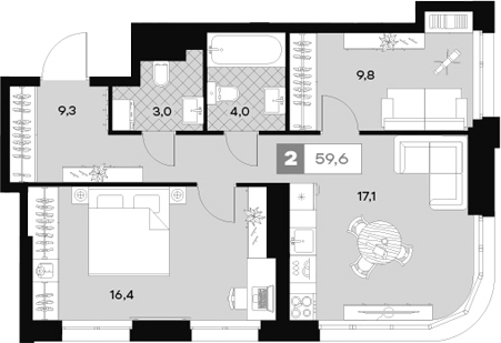 Планировка — ЮТУ, 2-комн., 60 м²