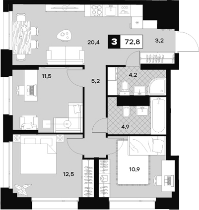 Планировка — ЮТУ, 3-комн., 73 м²
