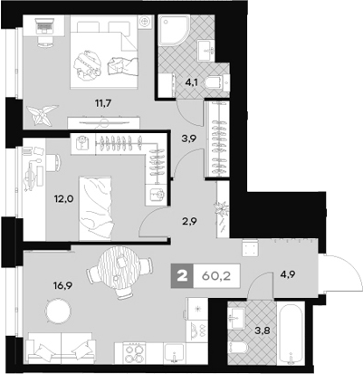 Планировка — ЮТУ, 2-комн., 60 м²
