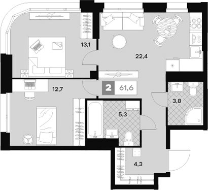 Планировка — ЮТУ, 2-комн., 62 м²