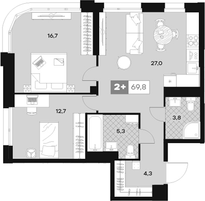 Планировка — ЮТУ, 3-комн., 70 м²