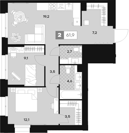 Планировка — ЮТУ, 2-комн., 62 м²