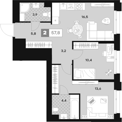 Планировка — ЮТУ, 2-комн., 58 м²