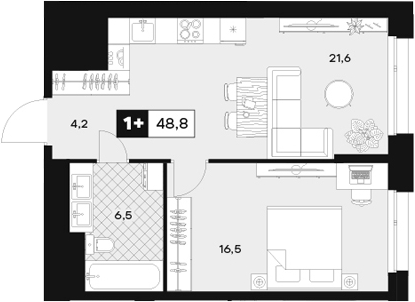 Планировка — ЮТУ, 2-комн., 49 м²