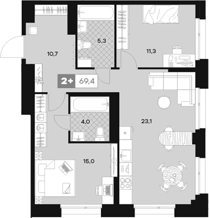 Планировка — ЮТУ, 3-комн., 69 м²