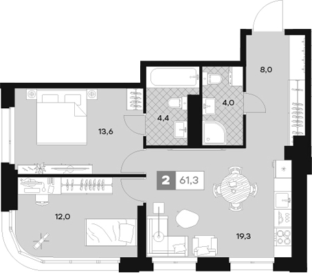 Планировка — ЮТУ, 3-комн., 63 м²