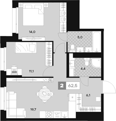 Планировка — ЮТУ, 2-комн., 63 м²