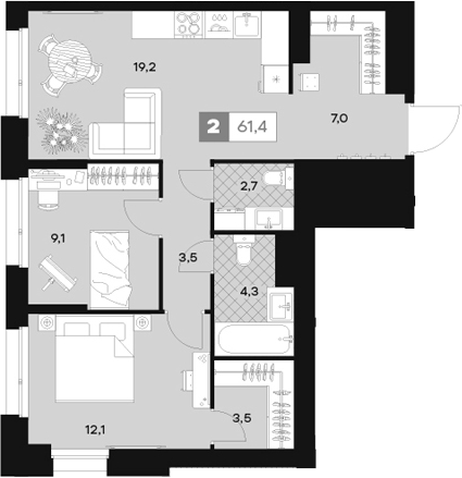 Планировка — ЮТУ, 2-комн., 61 м²