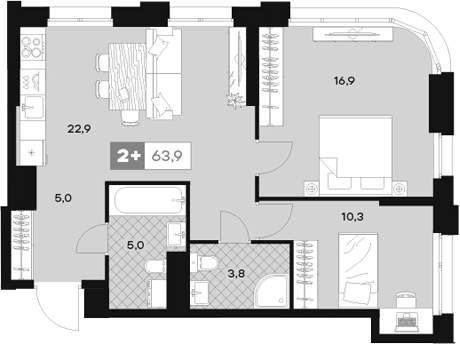 Планировка — ЮТУ, 3-комн., 64 м²