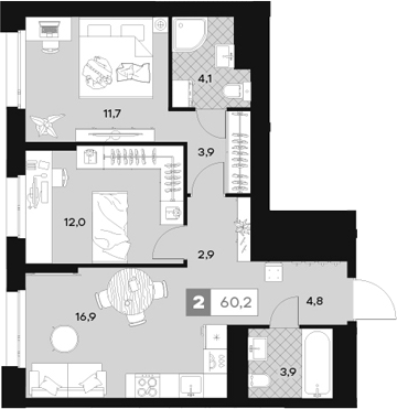 Планировка — ЮТУ, 2-комн., 60 м²