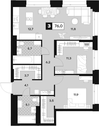 Планировка — ЮТУ, 3-комн., 76 м²