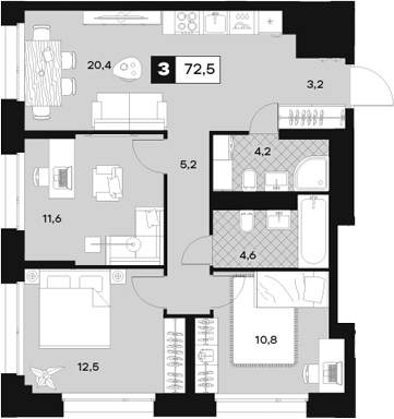 Планировка — ЮТУ, 3-комн., 73 м²