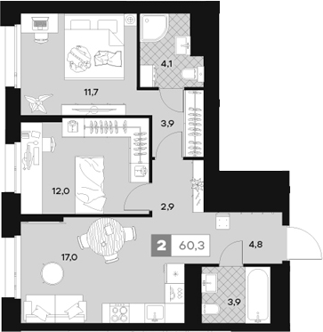 Планировка — ЮТУ, 2-комн., 60 м²