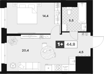 Планировка — ЮТУ, 2-комн., 45 м²