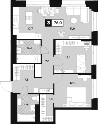Планировка — ЮТУ, 3-комн., 76 м²