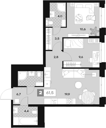 Планировка — ЮТУ, 2-комн., 62 м²