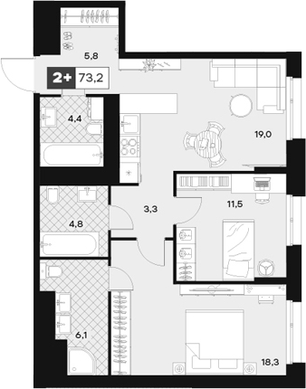 Планировка — ЮТУ, 3-комн., 73 м²