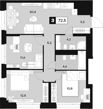 Планировка — ЮТУ, 3-комн., 73 м²