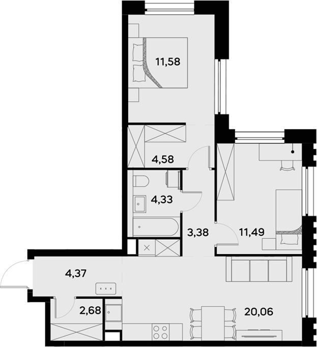 Планировка — UltimaCity, 3-комн., 62 м²