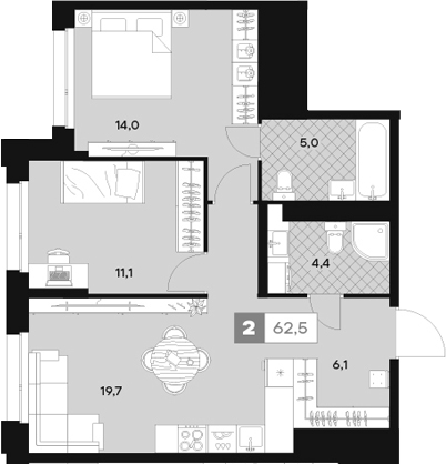 Планировка — ЮТУ, 2-комн., 63 м²