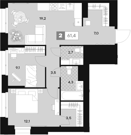 Планировка — ЮТУ, 2-комн., 61 м²